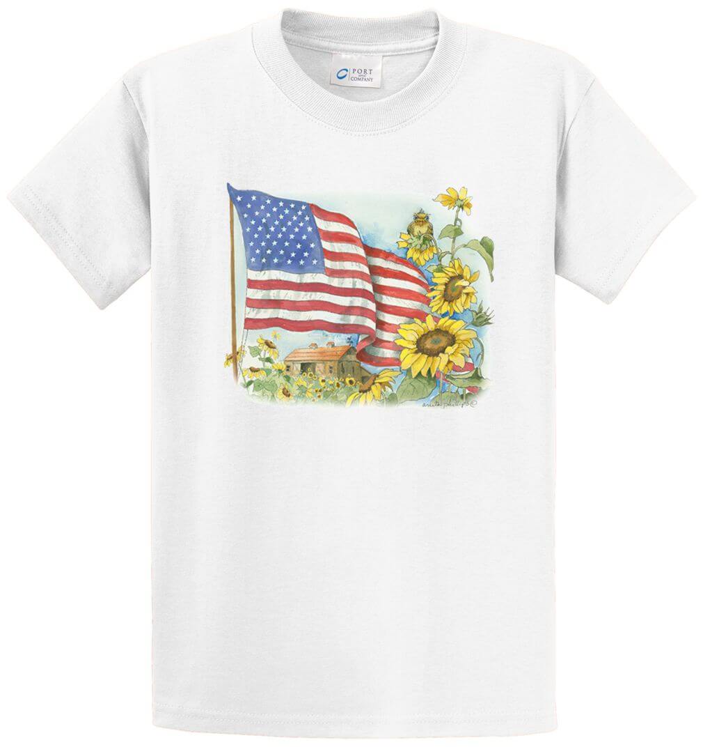 Flag And Sunflowers Printed Tee Shirt-1