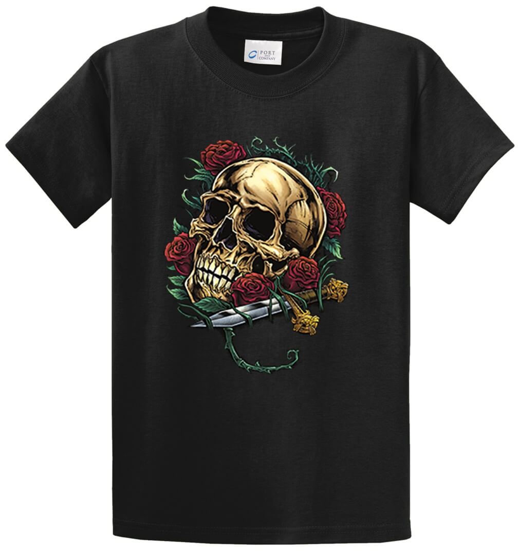 Skull With Roses And Dagger Printed Tee Shirt-1