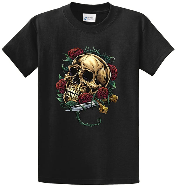 Skull With Roses And Dagger Printed Tee Shirt