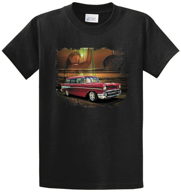Antique Car On Beach Printed Tee Shirt