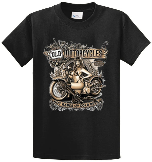 Old Motorcycle Hot Babes Cold Beer  Printed Tee Shirt