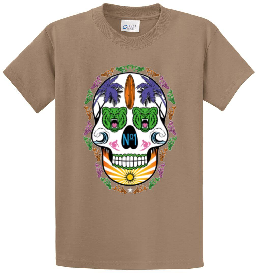 Neon Skull Bears Surf Board Printed Tee Shirt-1