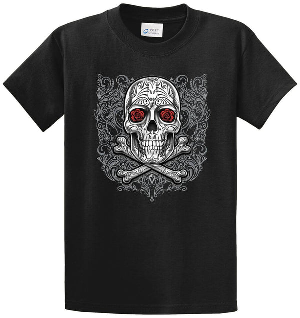 Rose Skull And Crossbones Printed Tee Shirt
