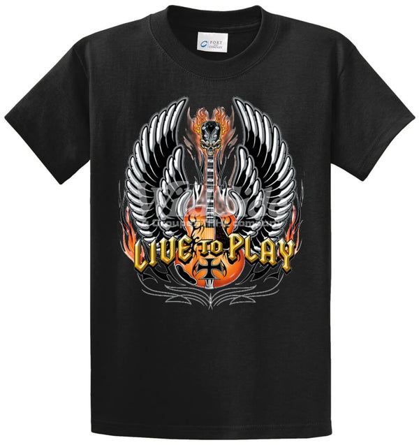 Live To Play - Winged Guitar With Iron Cross Printed Tee Shirt