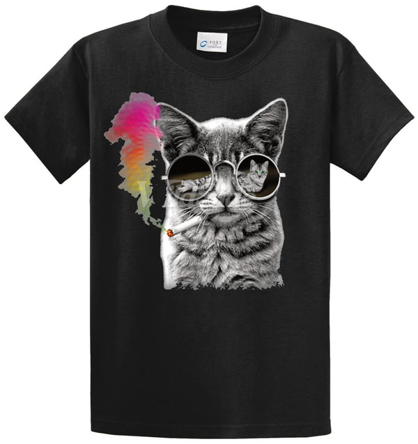 Rainbow Smoke Cat Round Glasses Printed Tee Shirt