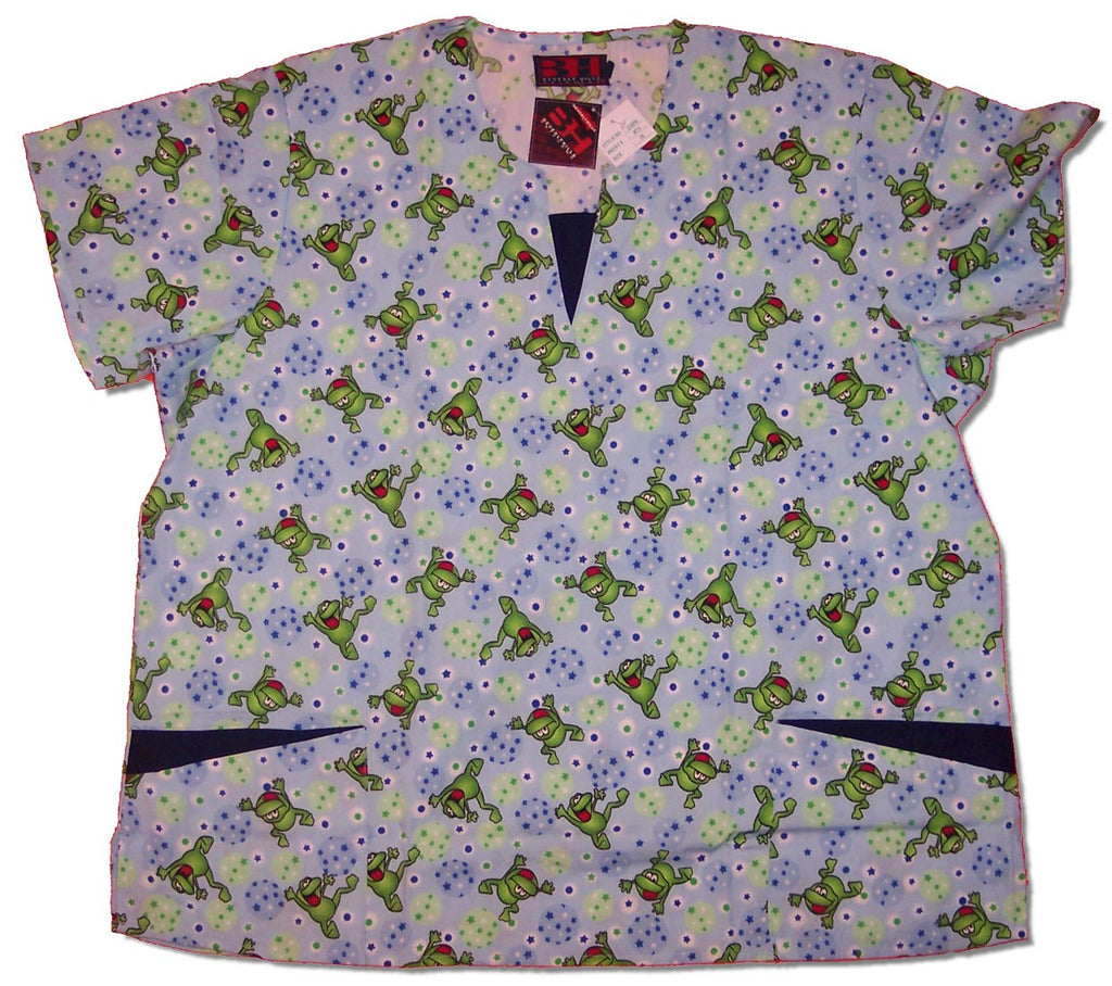 Printed Round Neck Scrub Top With V-Notch Insert Closeout-1