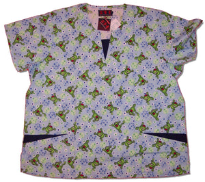 Printed Round Neck Scrub Top With V-Notch Insert