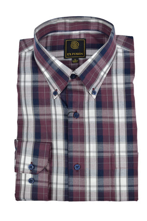 FX Fusion Burgundy Navy Multi Plaid Easy Care Woven Dress Shirt