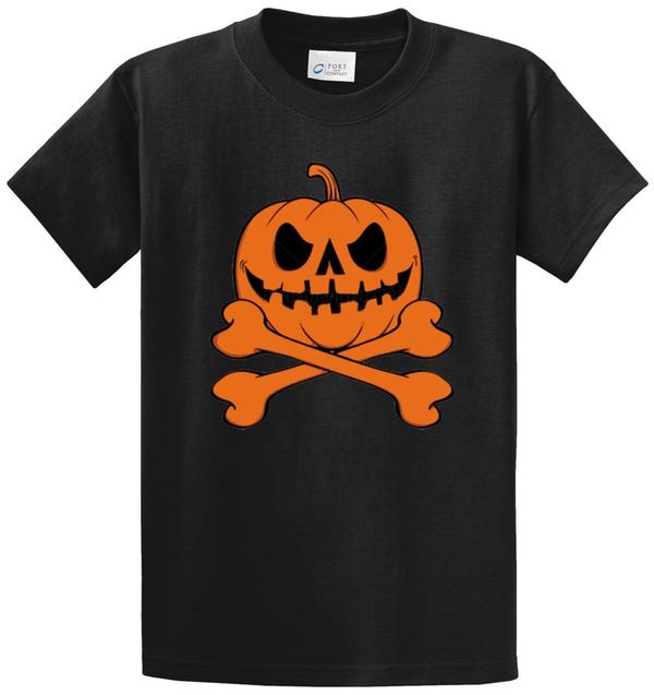 Pumpkin Skull And Crossbones Printed Tee Shirt-1