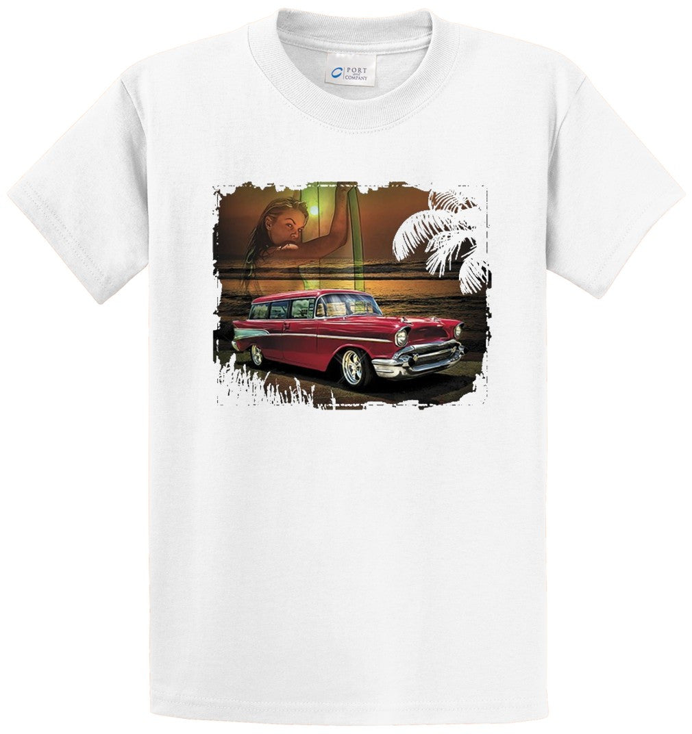 Antique Car On Beach Printed Tee Shirt-1