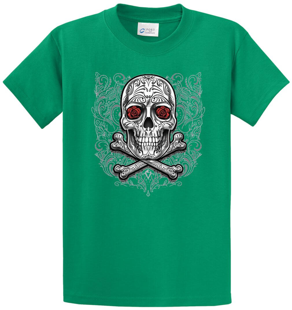 Rose Skull And Crossbones Printed Tee Shirt-1