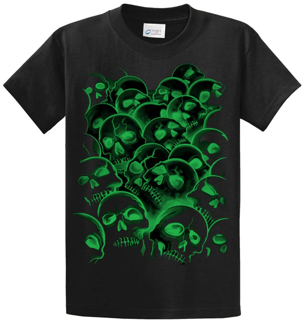 Glow In The Dark Green Skulls Printed Tee Shirt-1