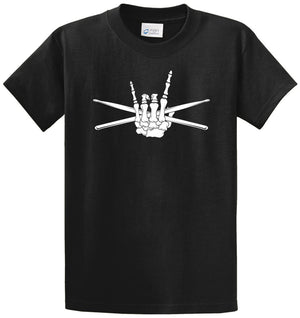 Skeleton Drummer Horn Sign Printed Tee Shirt