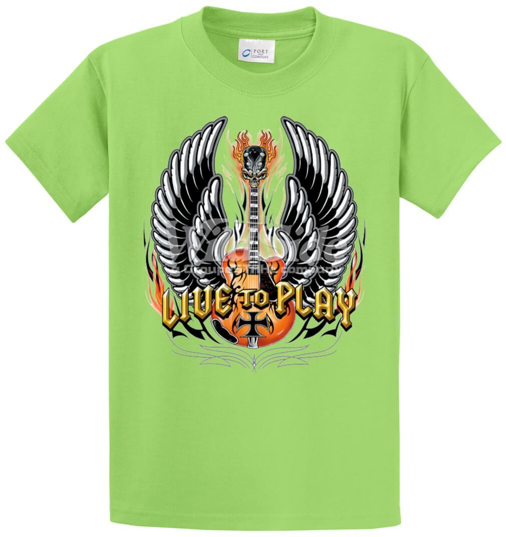 Live To Play - Winged Guitar With Iron Cross Printed Tee Shirt-1
