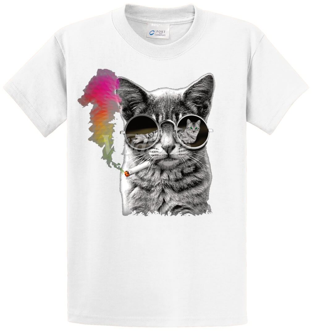 Rainbow Smoke Cat Round Glasses Printed Tee Shirt-1