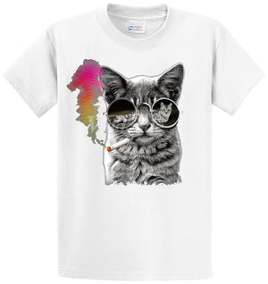 Rainbow Smoke Cat Round Glasses Printed Tee Shirt